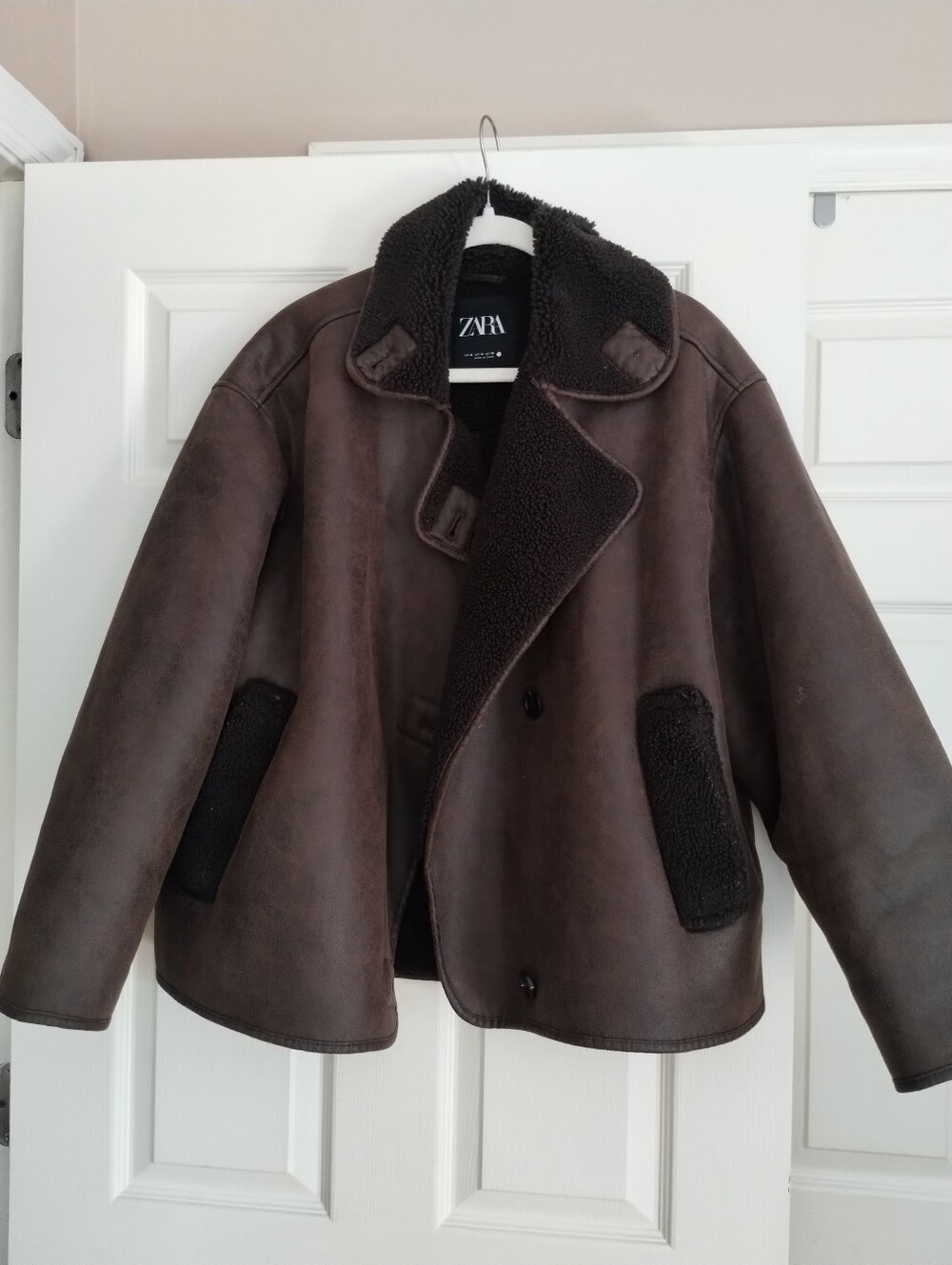 Zara Chocolate Brown Shearling Peacoat Medium - Picture 2 of 5
